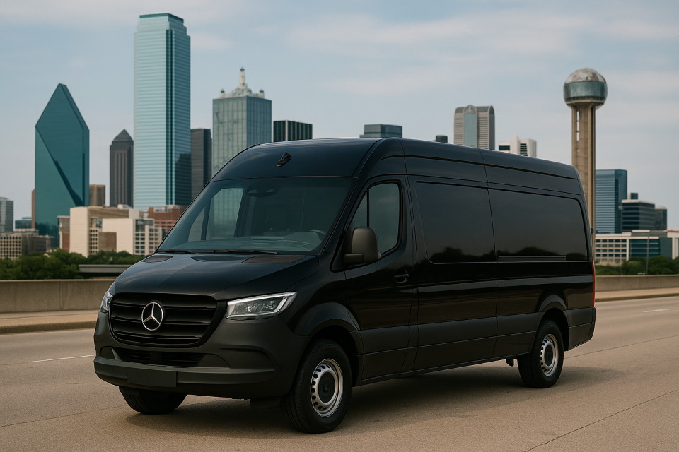 Mercedes Sprinter van with Dallas skyline